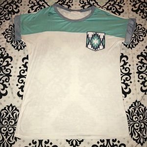 NWOT White Aqua Navy Aztec Print Pocket Tee